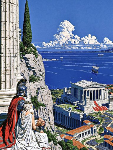 A Roman soldier overlooking a sunlit harbour city